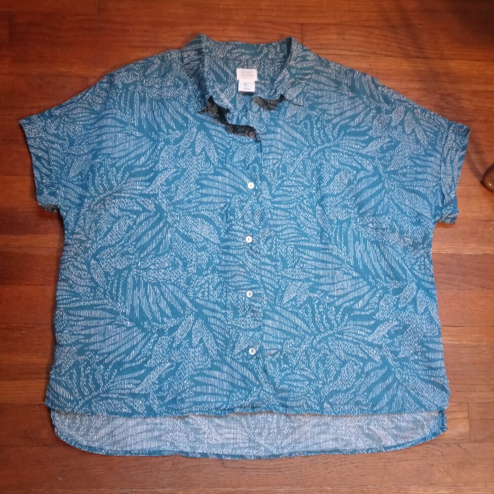 Sigrid Olsen 100% Linen Teal Printed Button Down … - image 1